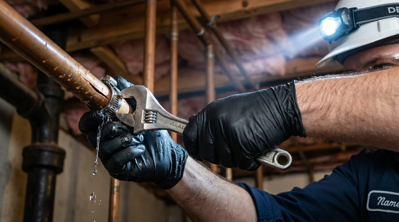 Emergency pipe clamp repair being performed by a Johns Plumbing LLC plumber in Tullahoma