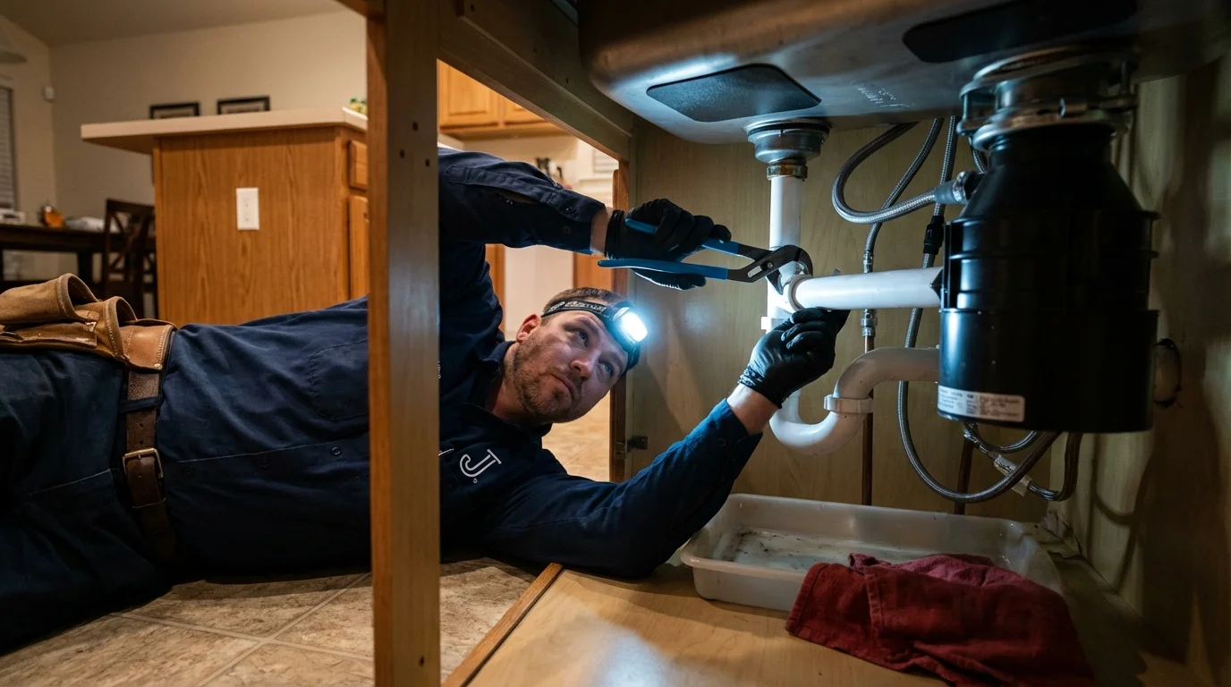 P-trap and supply line connections under a kitchen sink showing a common leak point in Tullahoma, TN